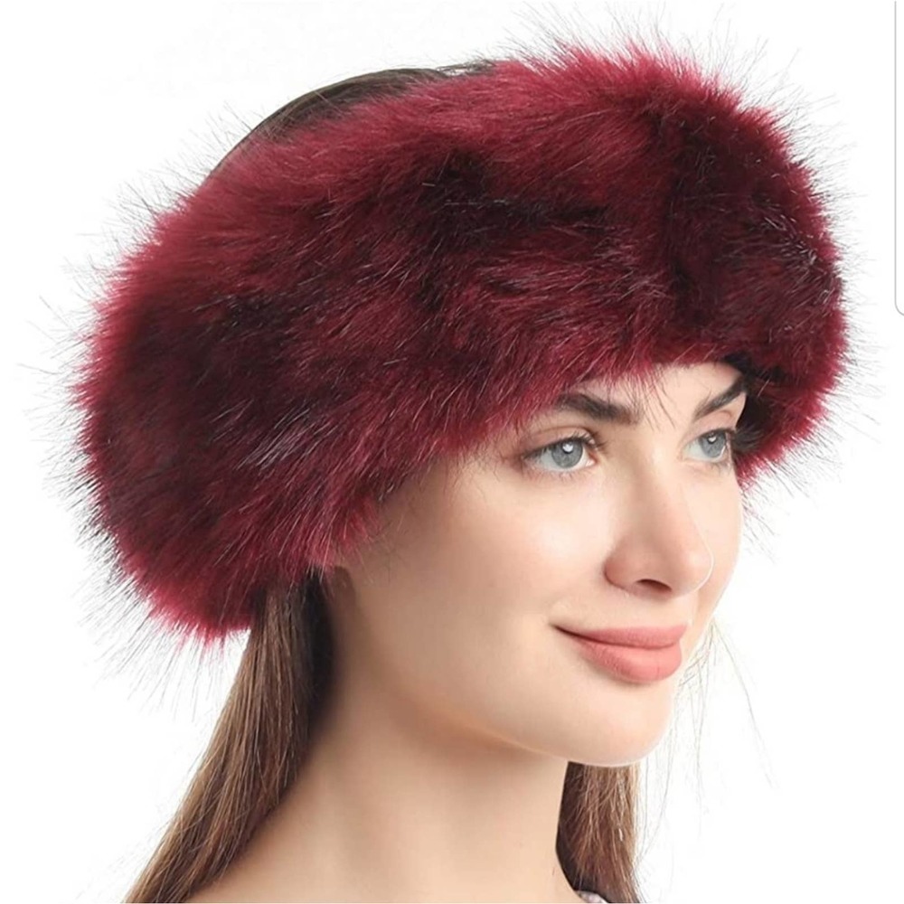 Wine Red Fur Hat Mink Ear Warmers Ski Headband Faux Fur
